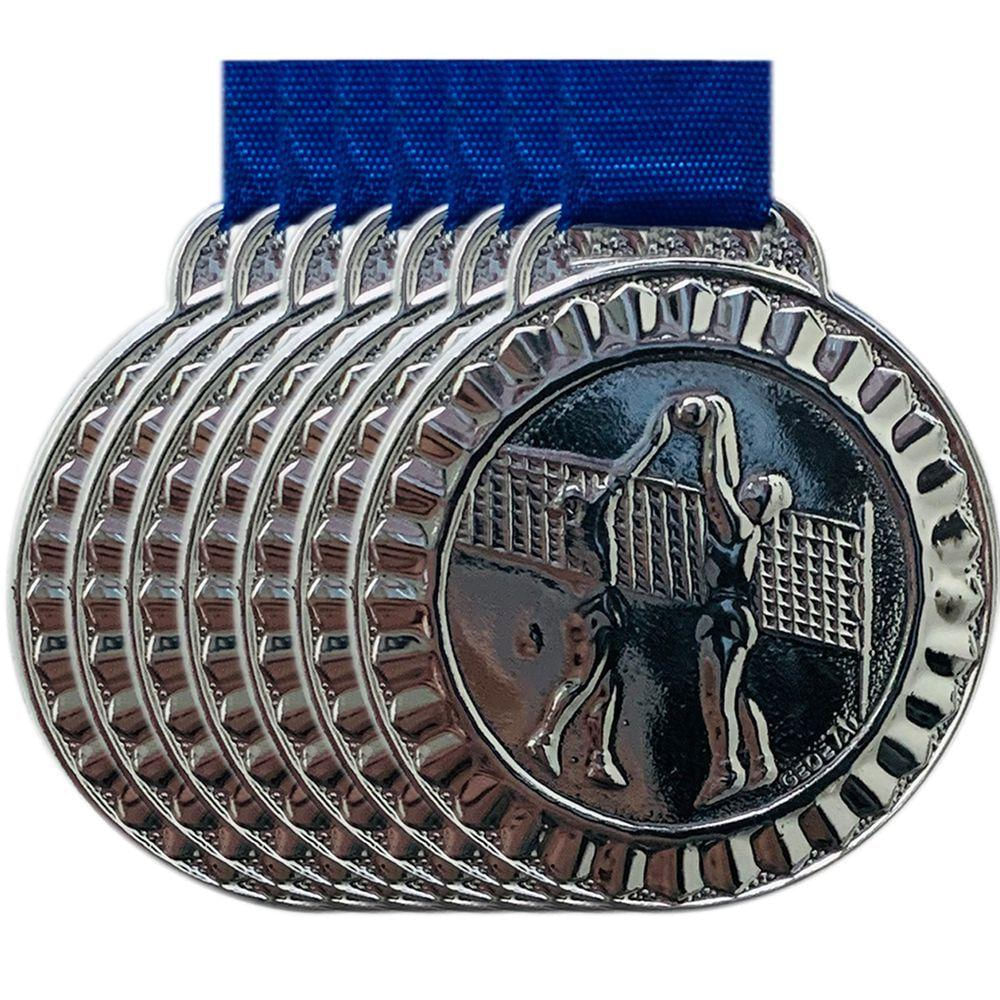 Kit 21un Medalhas De Metal Esporte Vôlei 4,5cm Com Fita Azul prata