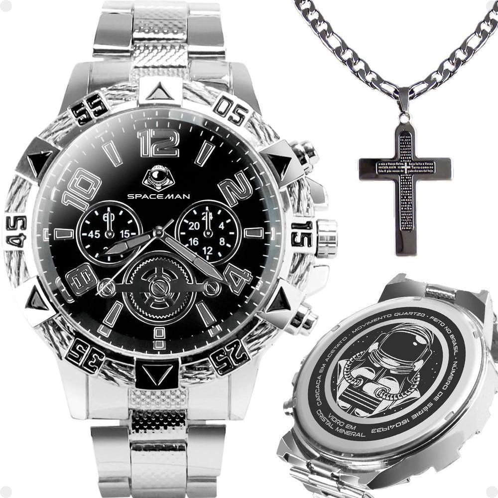 Relogio Masculino Aço Inox Prova Dagua + Cordão Crucifixo Religioso Original Pesado Mostrador Preto