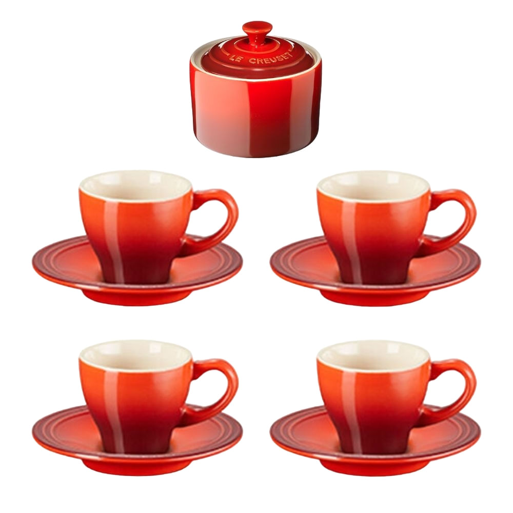 KIT LE CREUSET 4 XICARAS 70ML C/PIRES E AÇUCAREIRO EM CERÂMICA VERMELHO