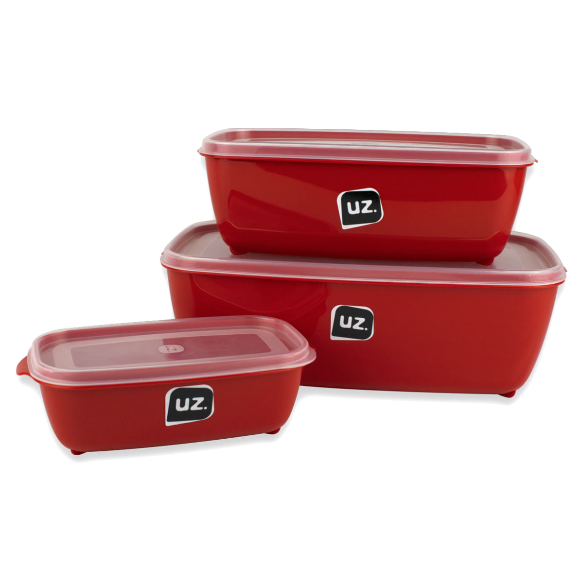 Kit 3 Potes Retangular Multiuso Vermelho Linha Color UZ Utilidades Vasilhas De Plástico Para Alimentos Com Tampa Transparente