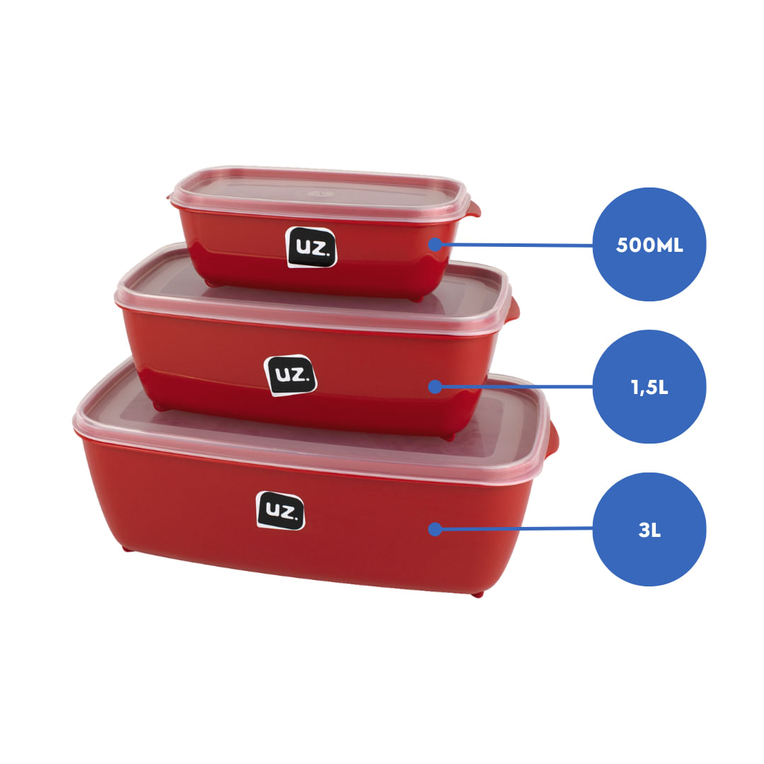 Kit 3 Potes Retangular Multiuso Vermelho Linha Color UZ Utilidades Vasilhas De Plástico Para Alimentos Com Tampa Transparente