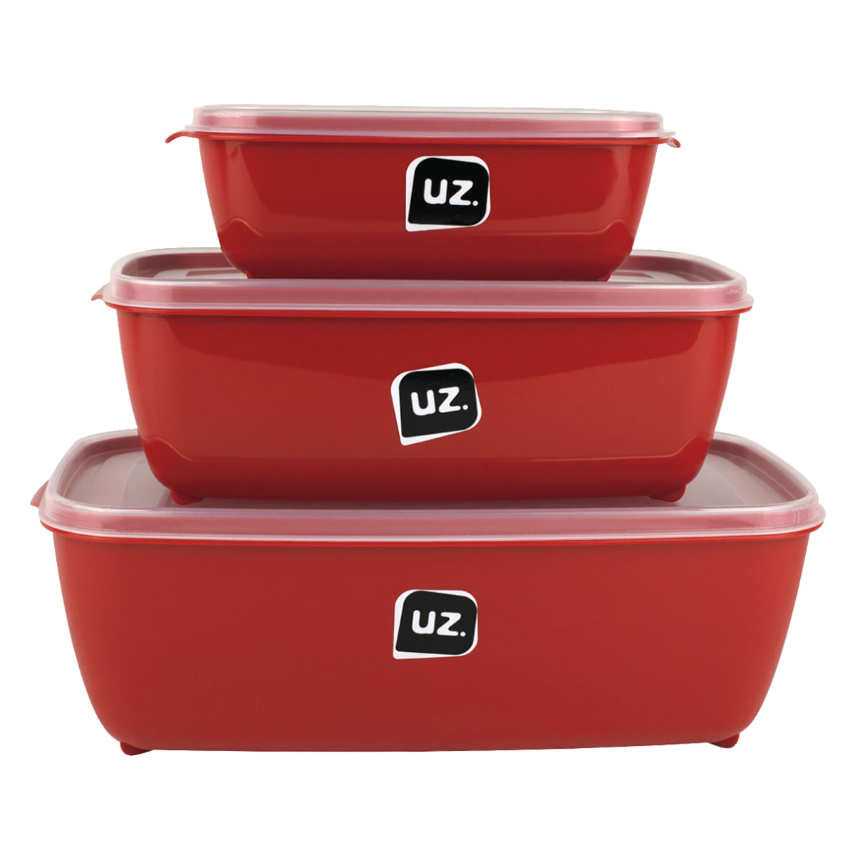 Kit 3 Potes Retangular Multiuso Vermelho Linha Color UZ Utilidades Vasilhas De Plástico Para Alimentos Com Tampa Transparente