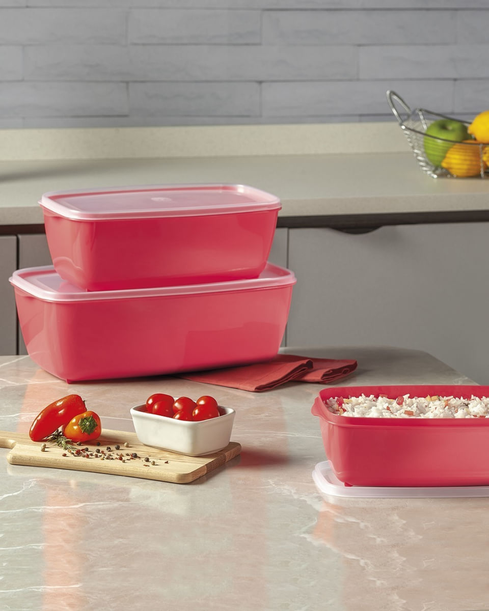 Kit 3 Potes Retangular Multiuso Vermelho Linha Color UZ Utilidades Vasilhas De Plástico Para Alimentos Com Tampa Transparente