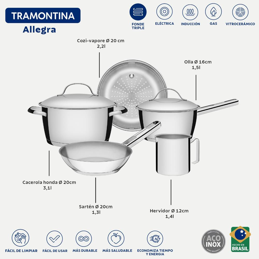 Jogo de Panelas Tramontina Allegra em Aço Inox com Fundo Triplo 5 Peças