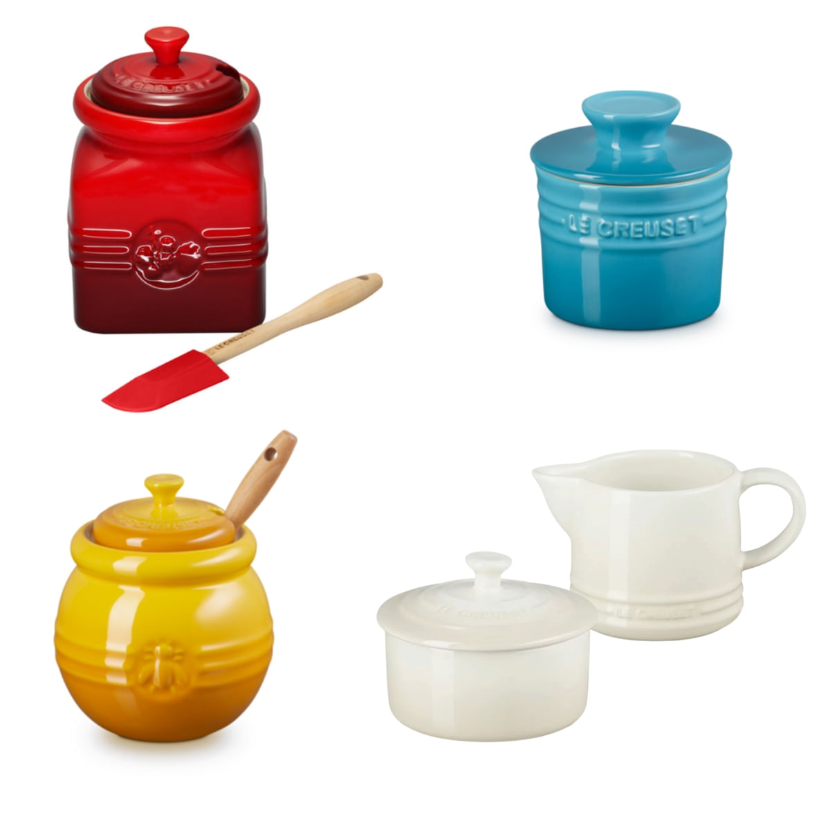 KIT LE CREUSET CONJUNTO CREME E AÇÚCAR MERINGUE + POTES DE GELÉIA VERMELHO, MEL AMARELO NÉCTAR, MANTEIGA