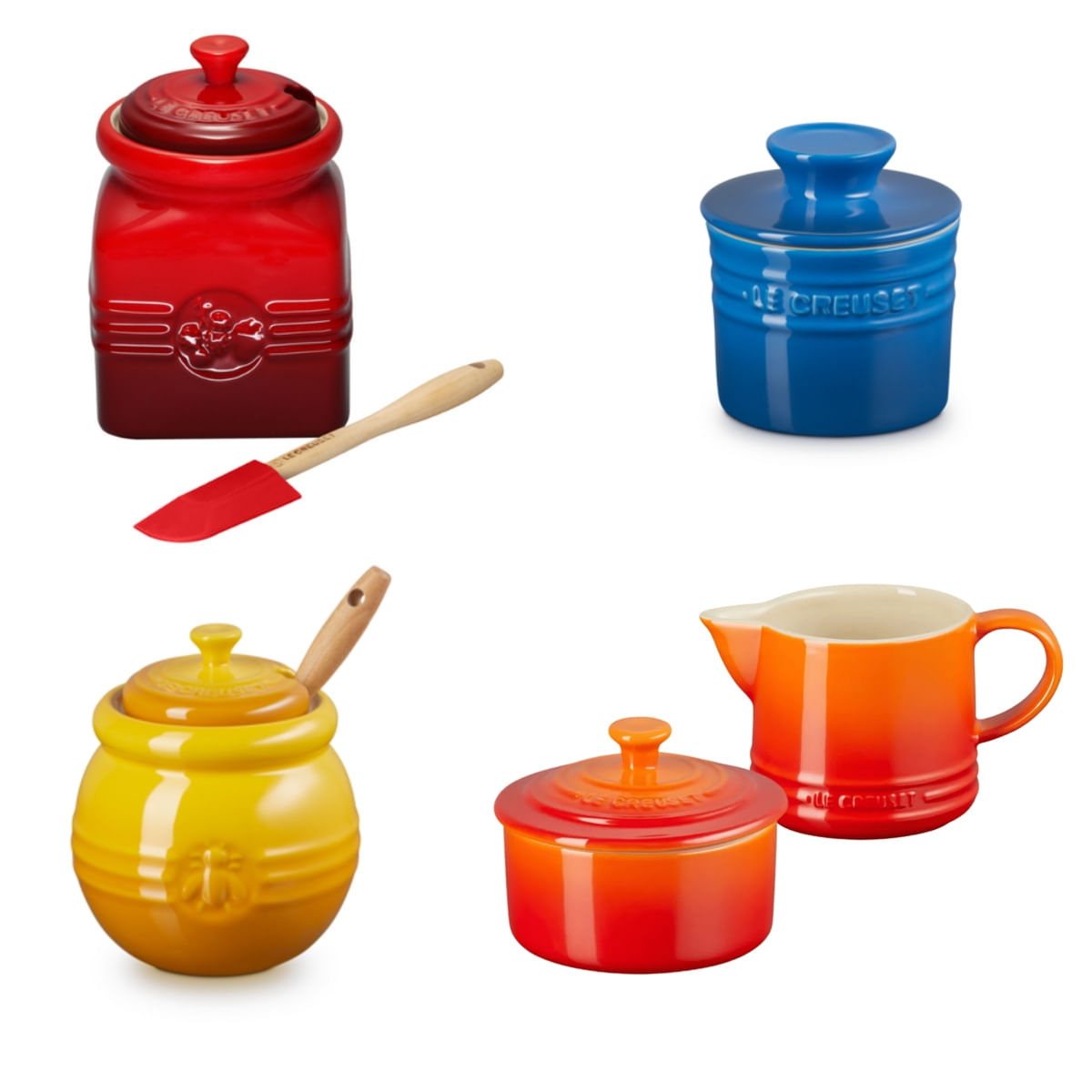 KIT LE CREUSET CONJUNTO CREME E AÇÚCAR LARANJA + POTES DE GELÉIA VERMELHO, MEL AMARELO NÉCTAR, MANTEIGA