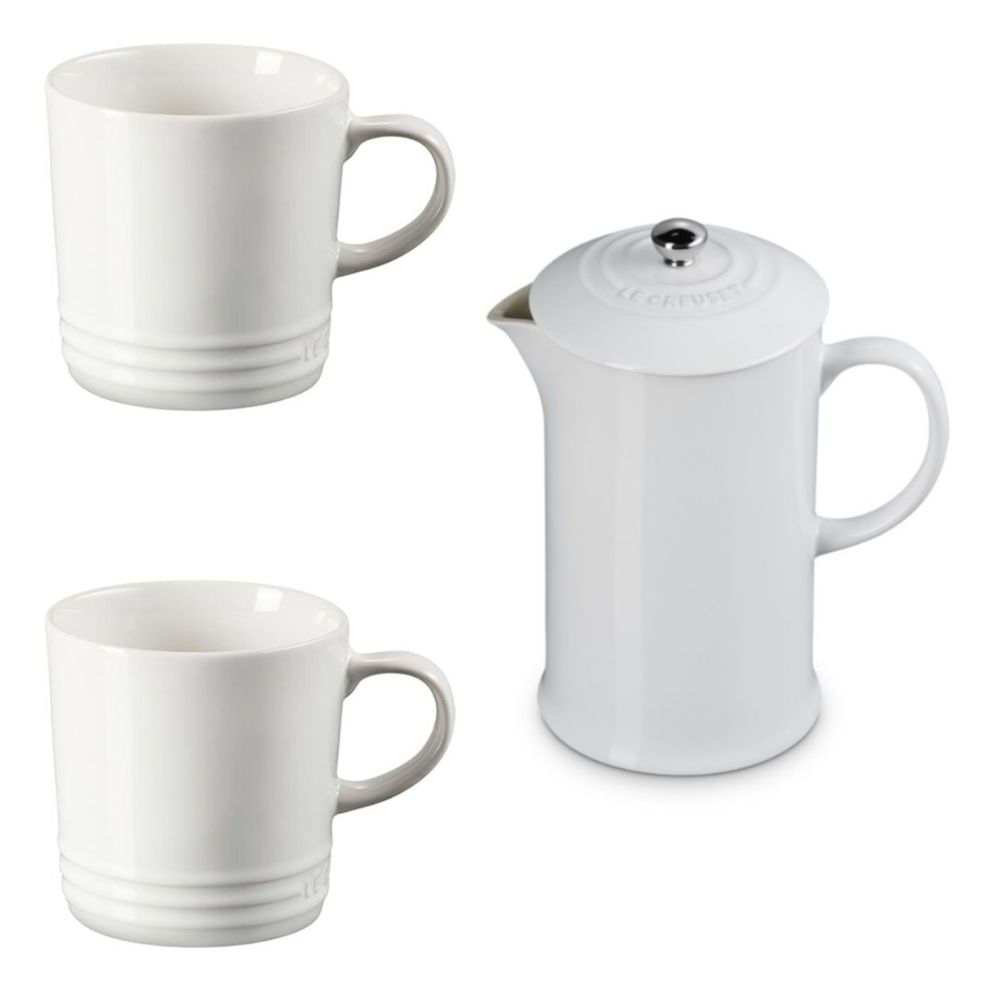 KIT LE CREUSET PRENSA FRANCESA  E 2 CANECAS 350ML EM CERÂMICA BRANCO