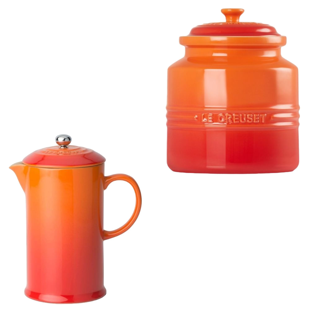 KIT LE CREUSET PRENSA FRANCESA E POTE DE BISCOITO 2,4L EM CERÂMICA LARANJA