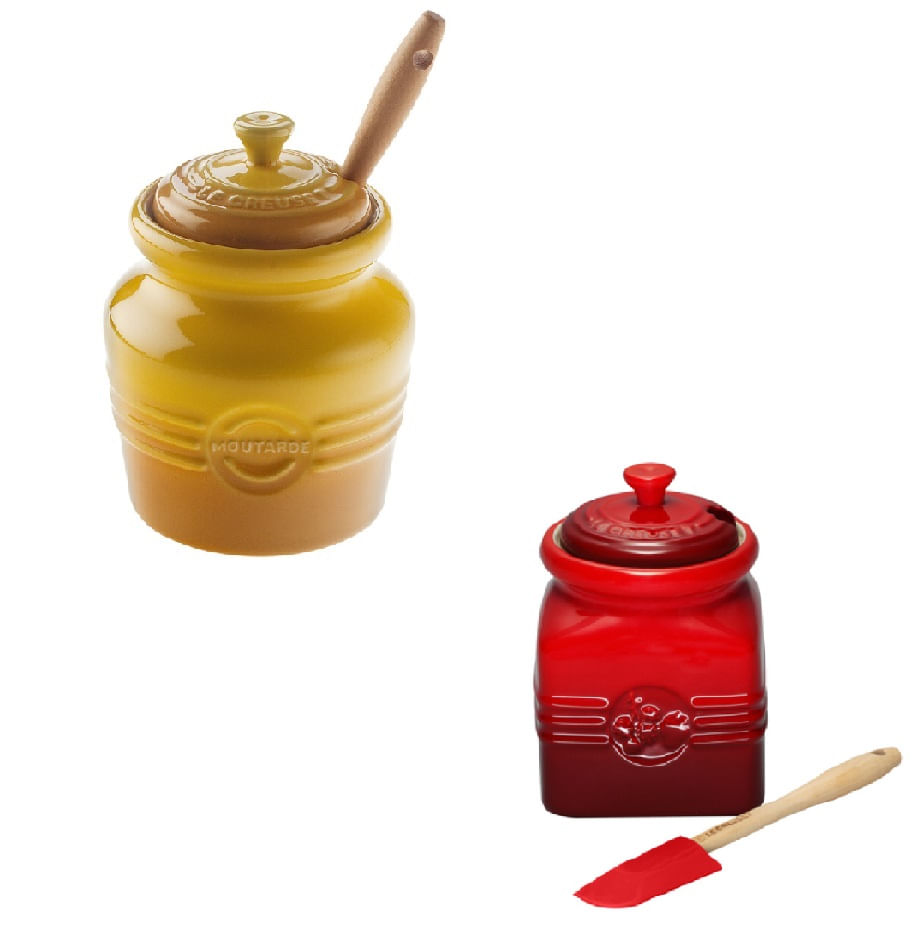 KIT LE CREUSET POTE PARA MOSTARDA AMARELO DIJON + POTE PARA GELEIA VERMELHO