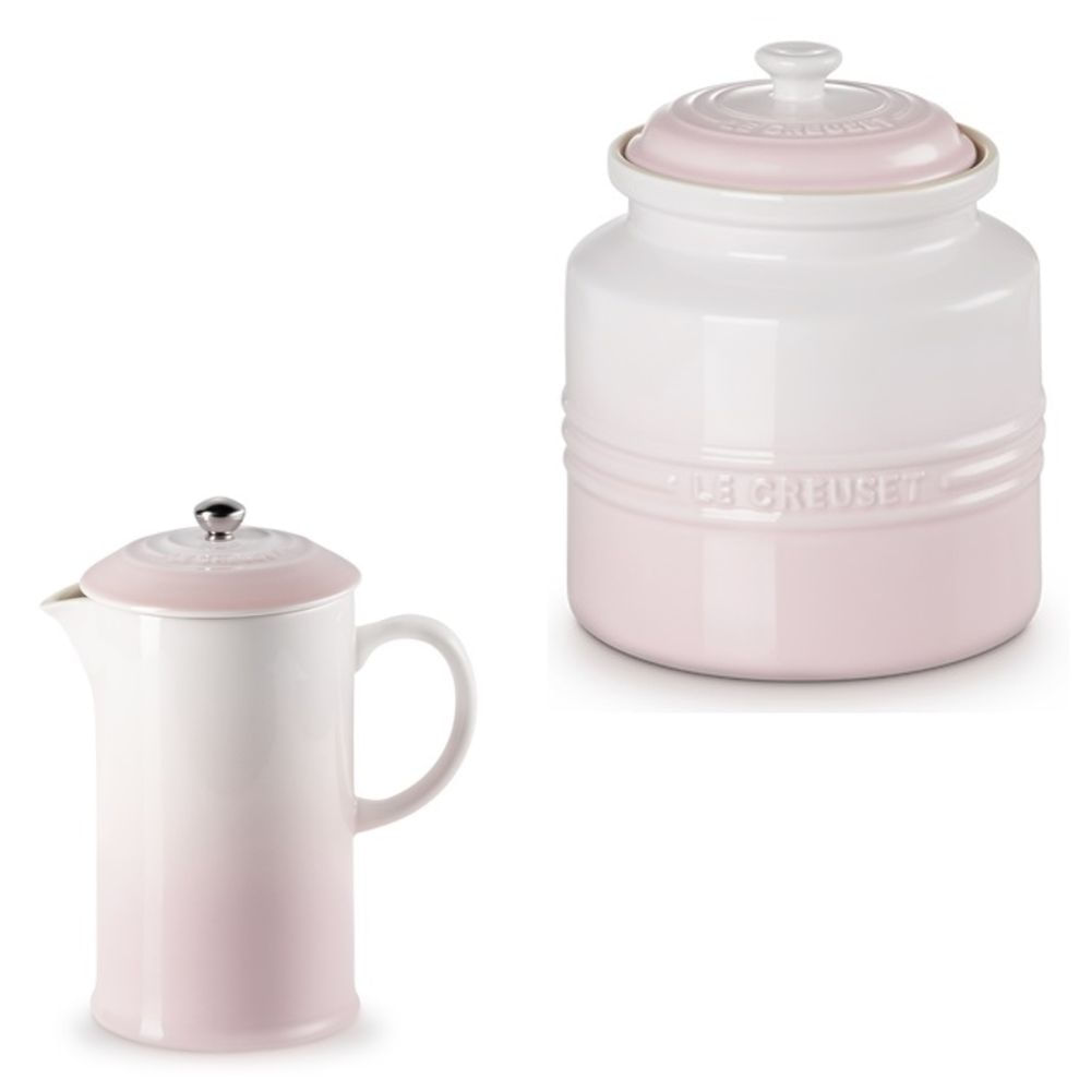 KIT LE CREUSET PRENSA FRANCESA E POTE DE BISCOITO 2,4L EM CERÂMICA SHELL PINK