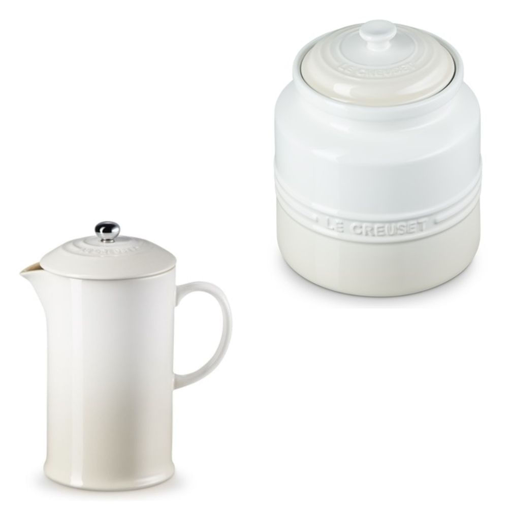 KIT LE CREUSET PRENSA FRANCESA E POTE DE BISCOITO 2,4L EM CERÂMICA MERINGUE