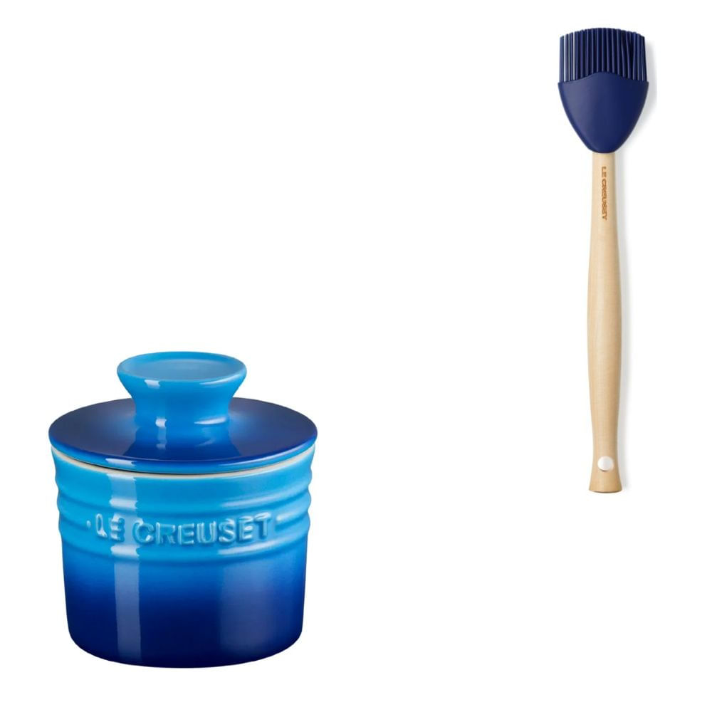 KIT LE CREUSET POTE DE MANTEIGA E PINCEL DE SILICONE CRAFT AZURE BLUE