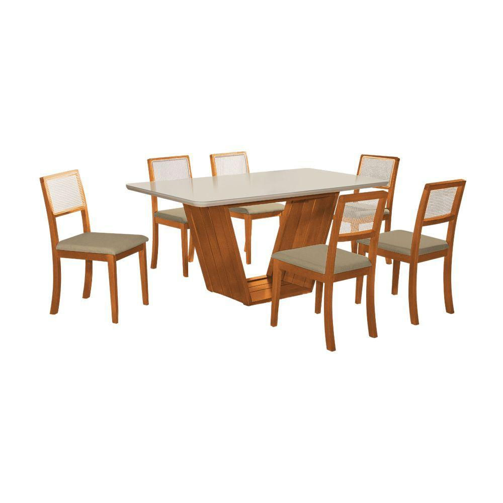 Conjunto De Mesa Safira Tampo Vidro 6 Cadeiras Bege Madeira