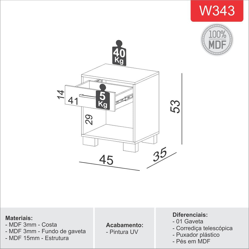 Mesa de Cabeceira com 01 Gaveta Essence D03 Freijó Off White Brilho - Lyam Decor