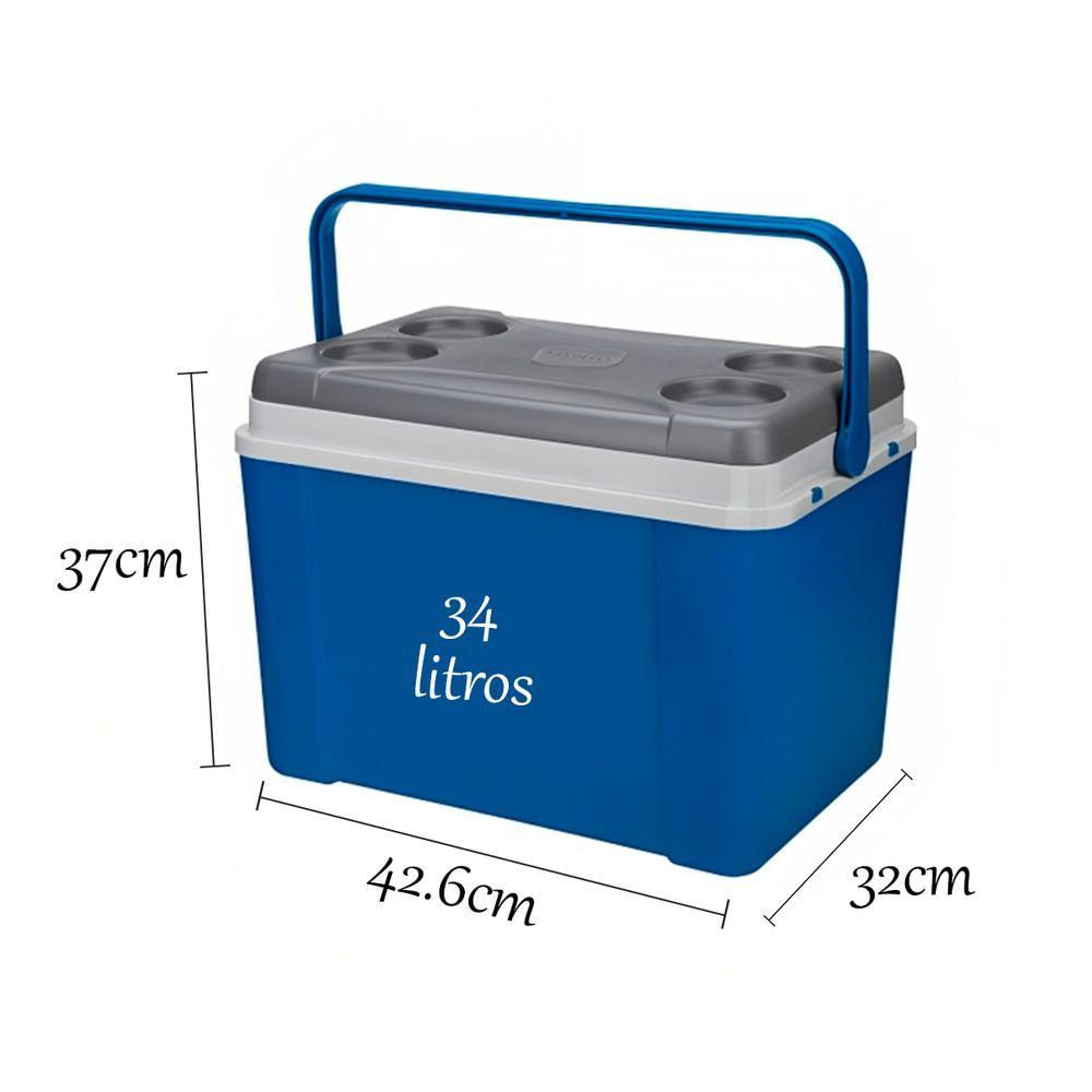 Caixa Térmica Grande Cooler 34 Litros Com Alça Porta Copos Cor:azul