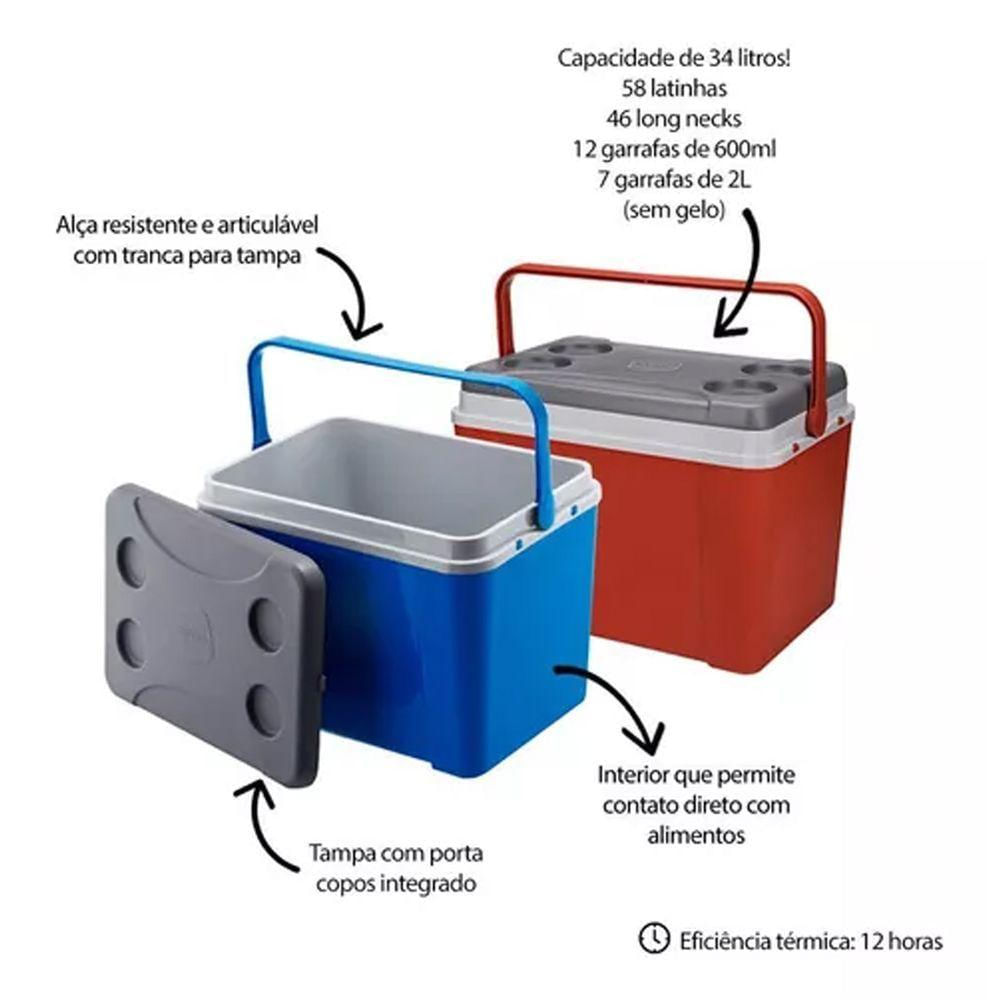 Caixa Térmica Grande Cooler 34 Litros Com Alça Porta Copos Cor:azul