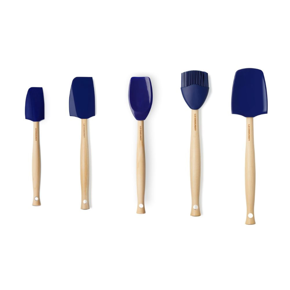 KIT LE CREUSET 5 UTENSILIOS EM SILICONE E MADEIRA AZURE BLUE