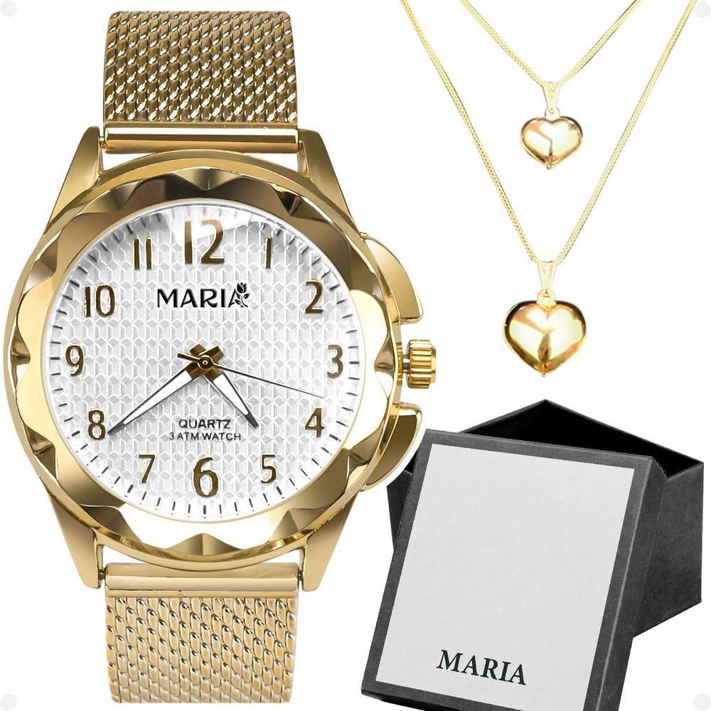 Relogio Feminino Dourado Aço + Caixa + Colar Duplo Coração Original Presente Qualidade Premium Ouro