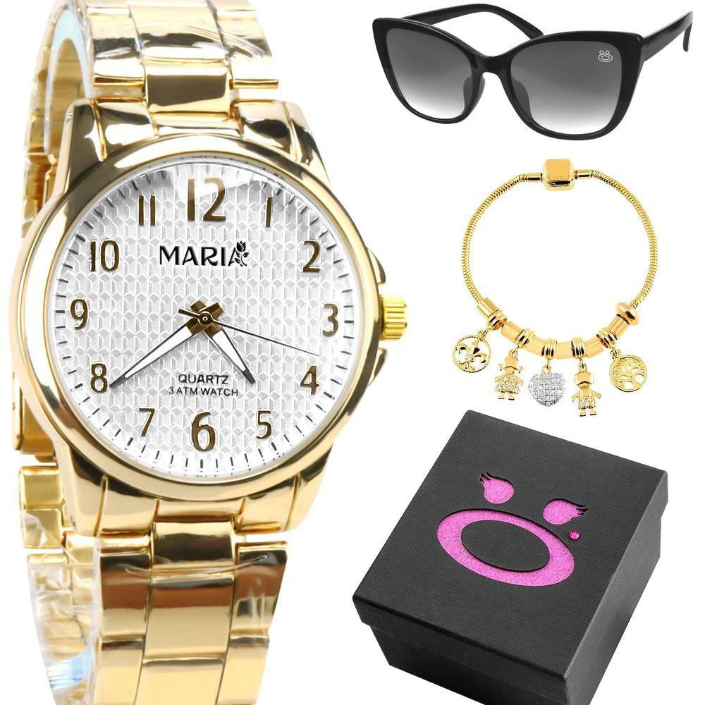Relogio Feminino Dourado Aço + Pulseira + Caixa Casual Redondo Personalizavel Moda Presente Social