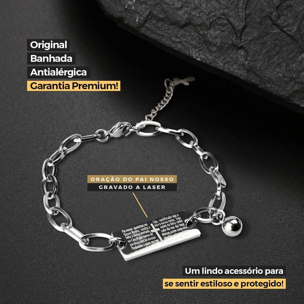 Pulseira Masculina Prata Aço Inoxidável + Pingente Pai Nosso Qualidade Premium Presente Religião