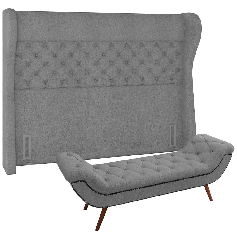 Kit Cabeceira Cama Box Casal 195 cm Madrid com Puff Recamier Santorini Bouclê Cinza - Lyam Decor