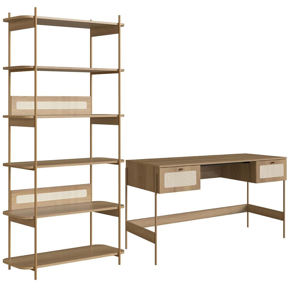 Estante Livreiro Home Office e Mesa Escrivaninha Industrial Indy A03 Hanover Dourado - Lyam Decor