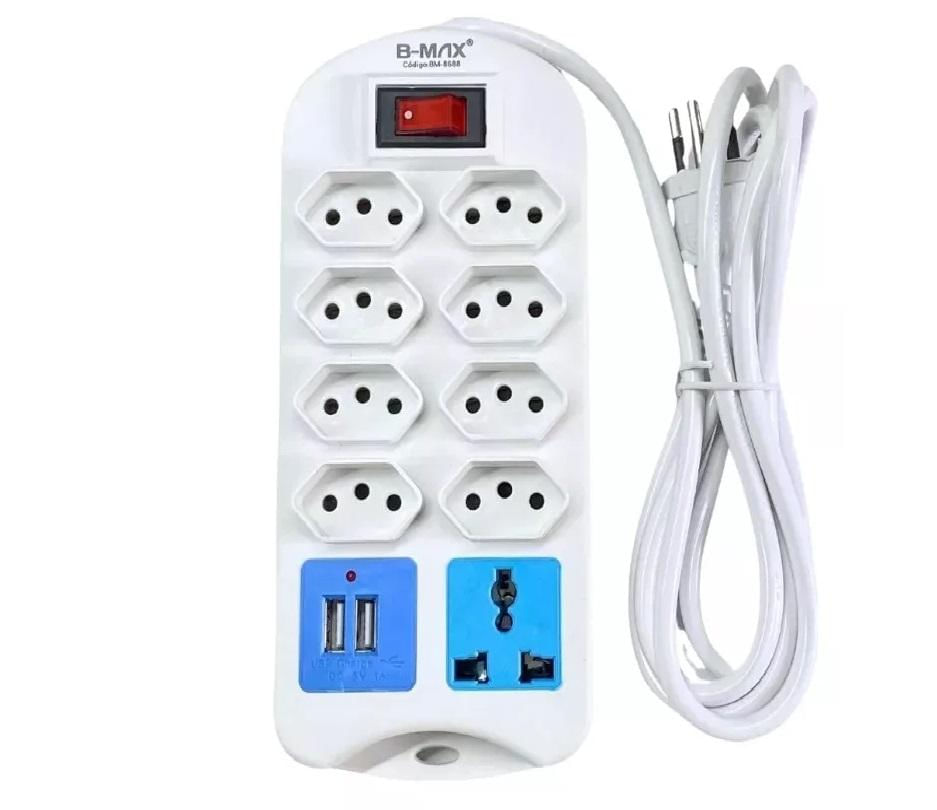 Régua Extensão Elétrica 9 Tomadas Com 2 Usb e Cabo 2 Metros
