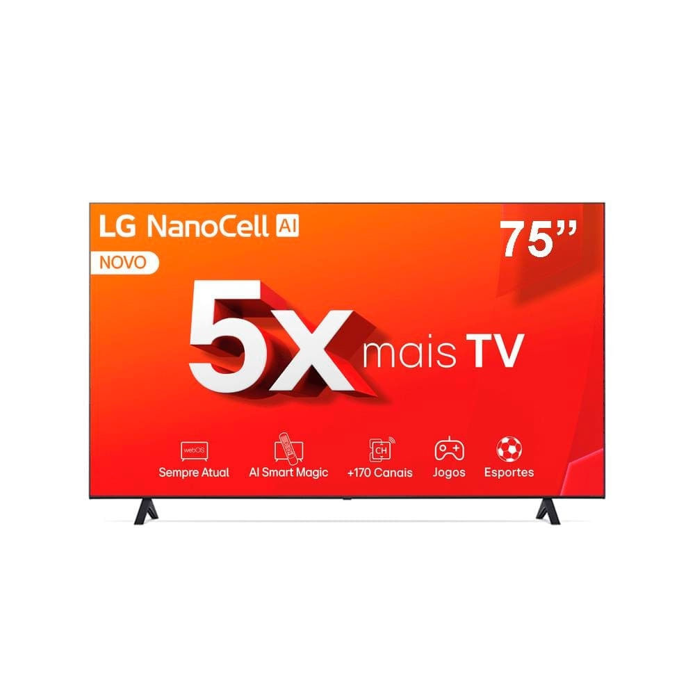 Smart TV 4K 75 LG NanoCell 75NANO80T com Processador a5 Ger7 AI, Hub de Esportes, Alexa/Chromecast integrado, webOS 24 e Controle Azul e Preto