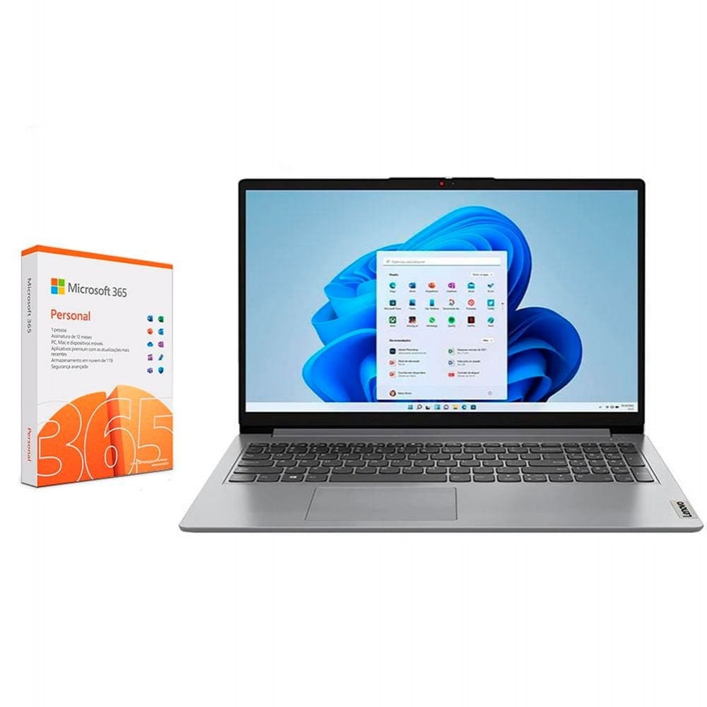 Notebook Lenovo IdeaPad 1i Intel Core i7 12° Geração 12GB RAM 512GB SSD Tela HD 15,6 Windows 11 - 82VY000PBR + Microsoft 365 Personal Cinza