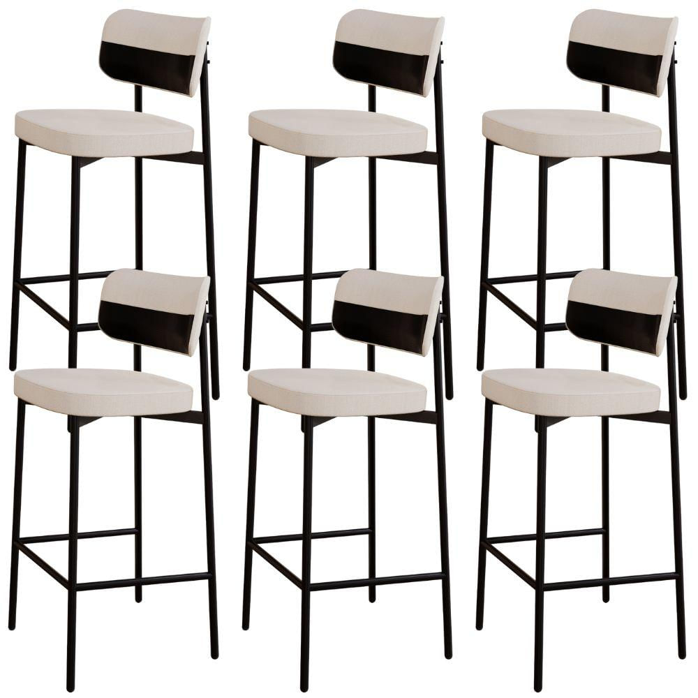 Kit 06 Banquetas Alta Bar Cozinha Sala De Jantar Aço Preto Kaira C01 Linho Palha Courino Preto - Lyam Decor