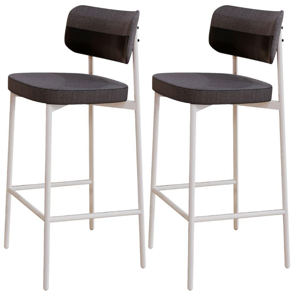 Kit 02 Banquetas Alta Bar Cozinha Sala De Jantar Aço Branco Kaira C01 Linho Preto Courino Preto - Lyam Decor