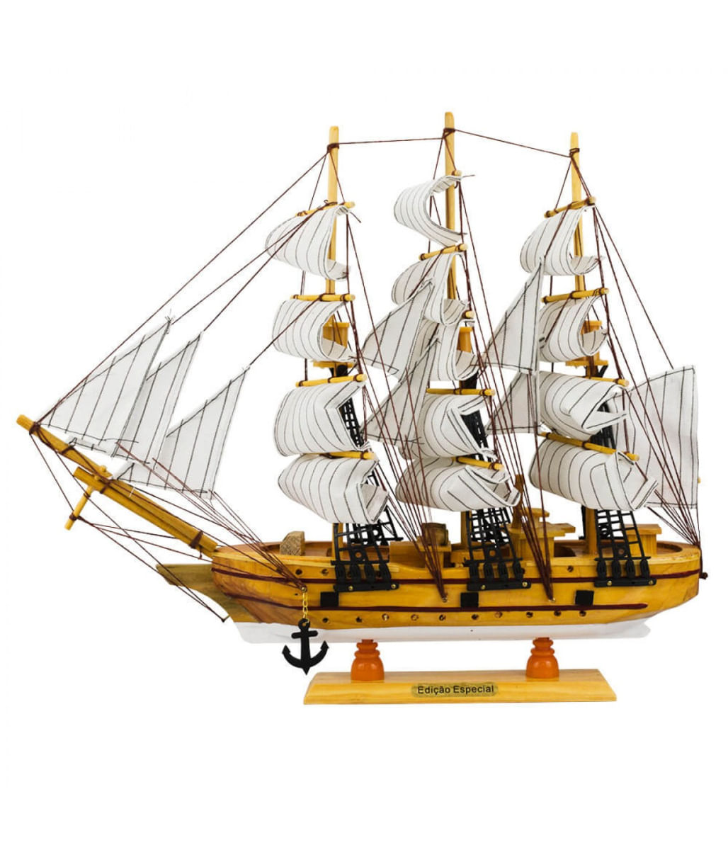 Miniatura Barco Navio Veleiro Madeira Linhas Vinho Base Branca 37.5x7x44cm - Tudo em Caixa