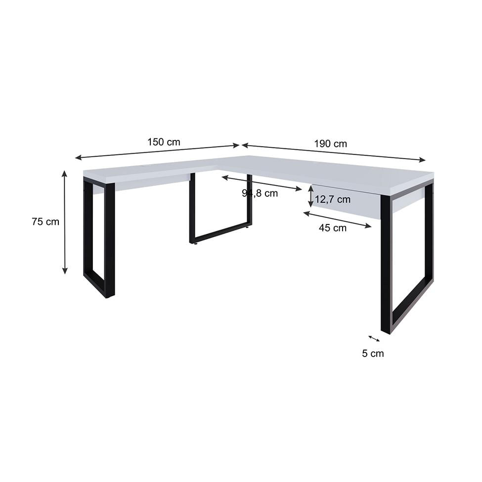 Mesa de Escritório em L Miguel 1 GV Branca e Preta 190x150 cm