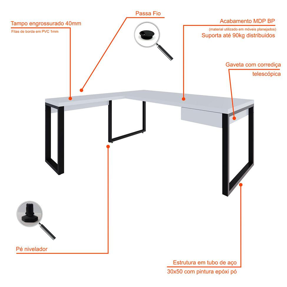 Mesa de Escritório em L Miguel 1 GV Branca e Preta 190x150 cm