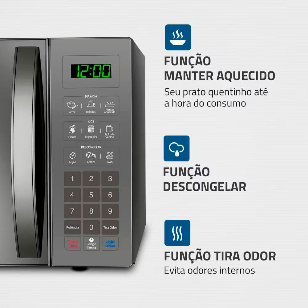 Forno de Micro Ondas Mondial Line MO0234E com Função Manter Aquecido 34L Cinza Espelhado / 110V