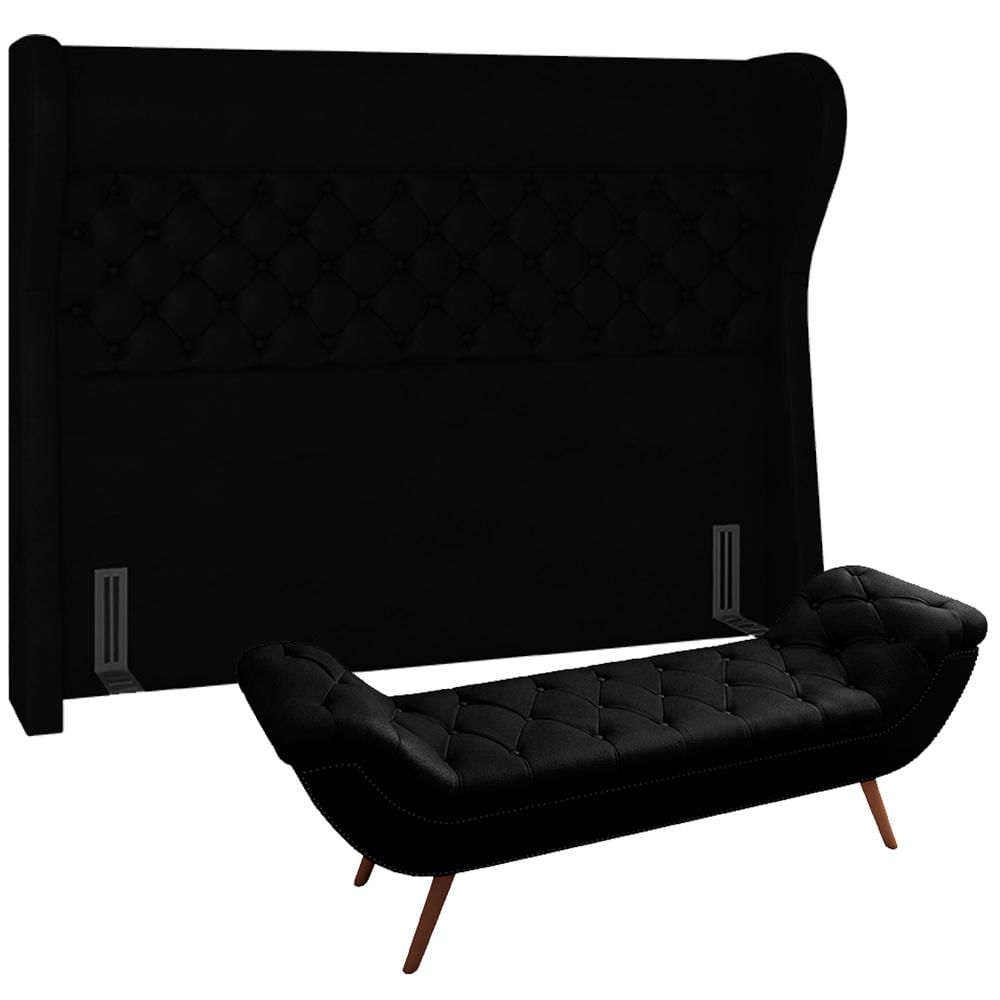 Kit Cabeceira Cama Box Casal 160 cm Madrid com Puff Recamier Santorini Couríssimo Preto - Lyam Decor