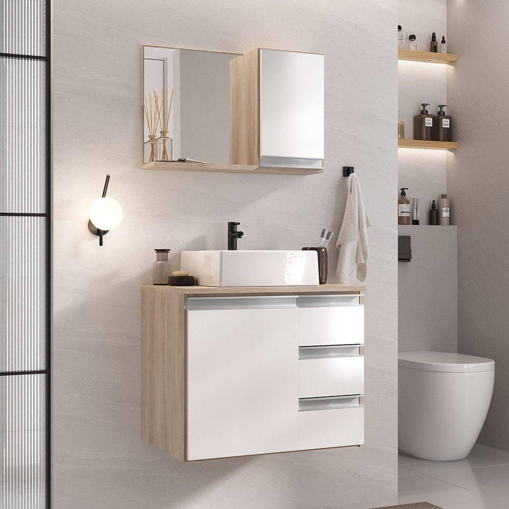 Conjunto Gabinete Banheiro Prisma 60cm Gabinete + Cuba + Espelheira Madeirado Branco
