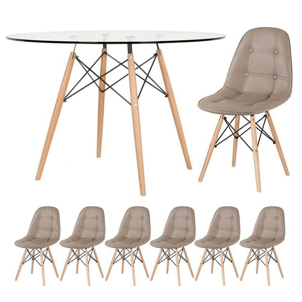 Mesa Tampo De Vidro 120 Cm + 6 Cadeiras Botonê Nude