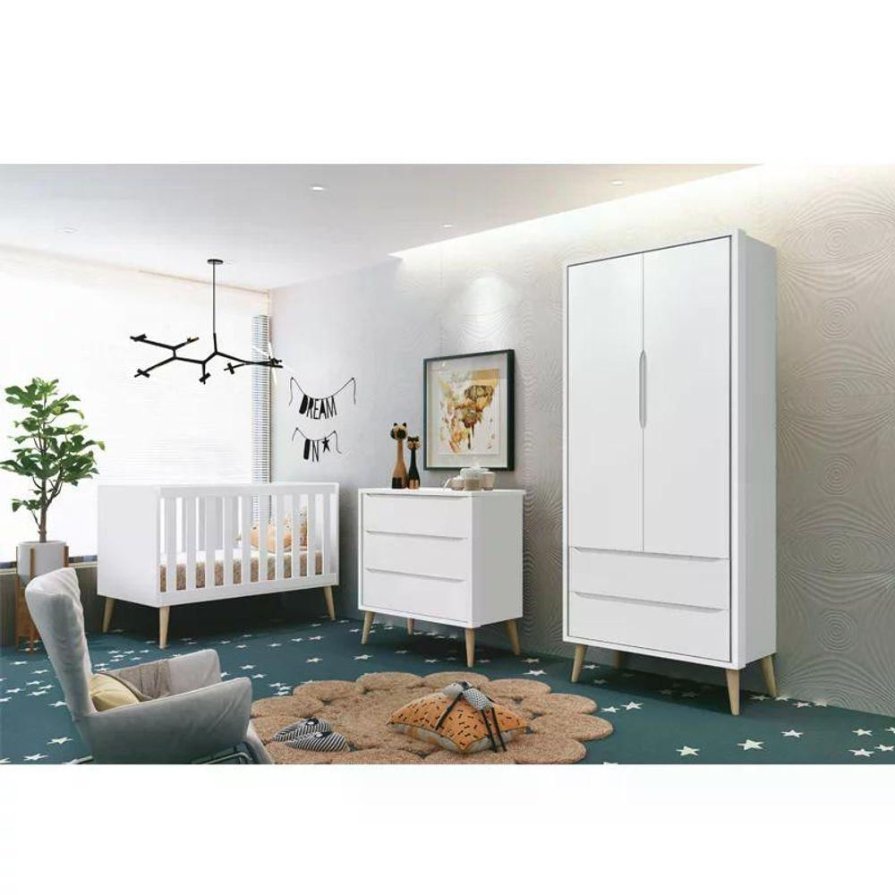 Quarto Infantil Theo 2 Portas Branco Fosco Com Pés Madeira Natural Reller Móveis Branco Fosco