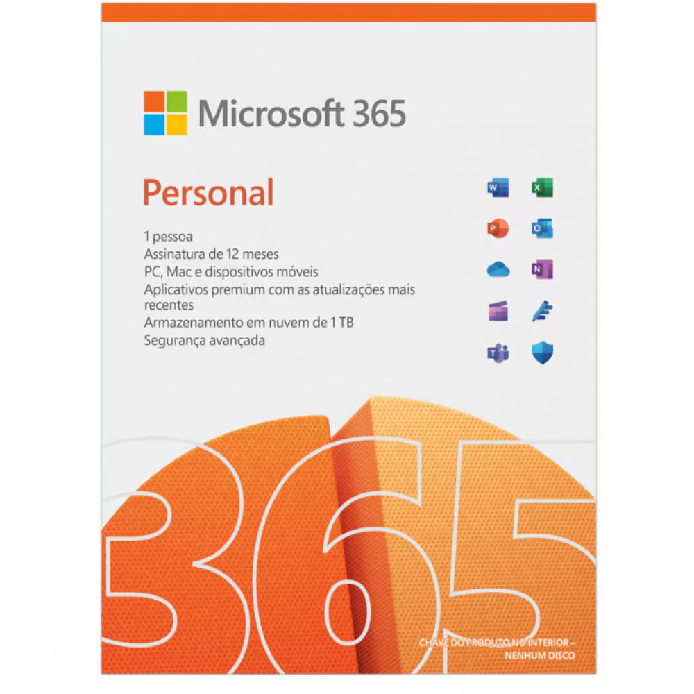 Microsoft 365 Personal, aplicativos Office 365 premium, Word, Excel, PowerPoint, Outlook, 1TB nuvem, 1 pessoa, para PC/Mac, iOS e Android n/a