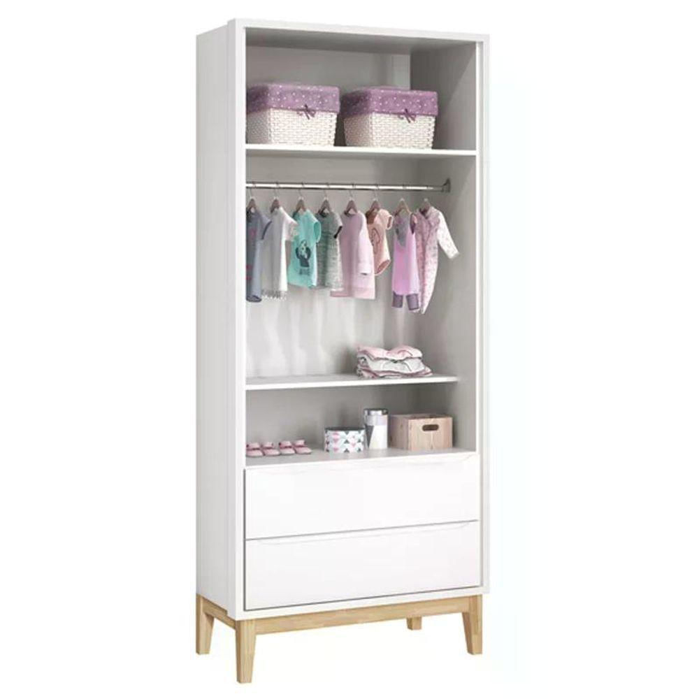 Jogo De Quarto Classic Guarda Roupa 2 Portas E Cômoda Branco Fosco Com Pés Madeira Natural Reller Móveis Branco Fosco