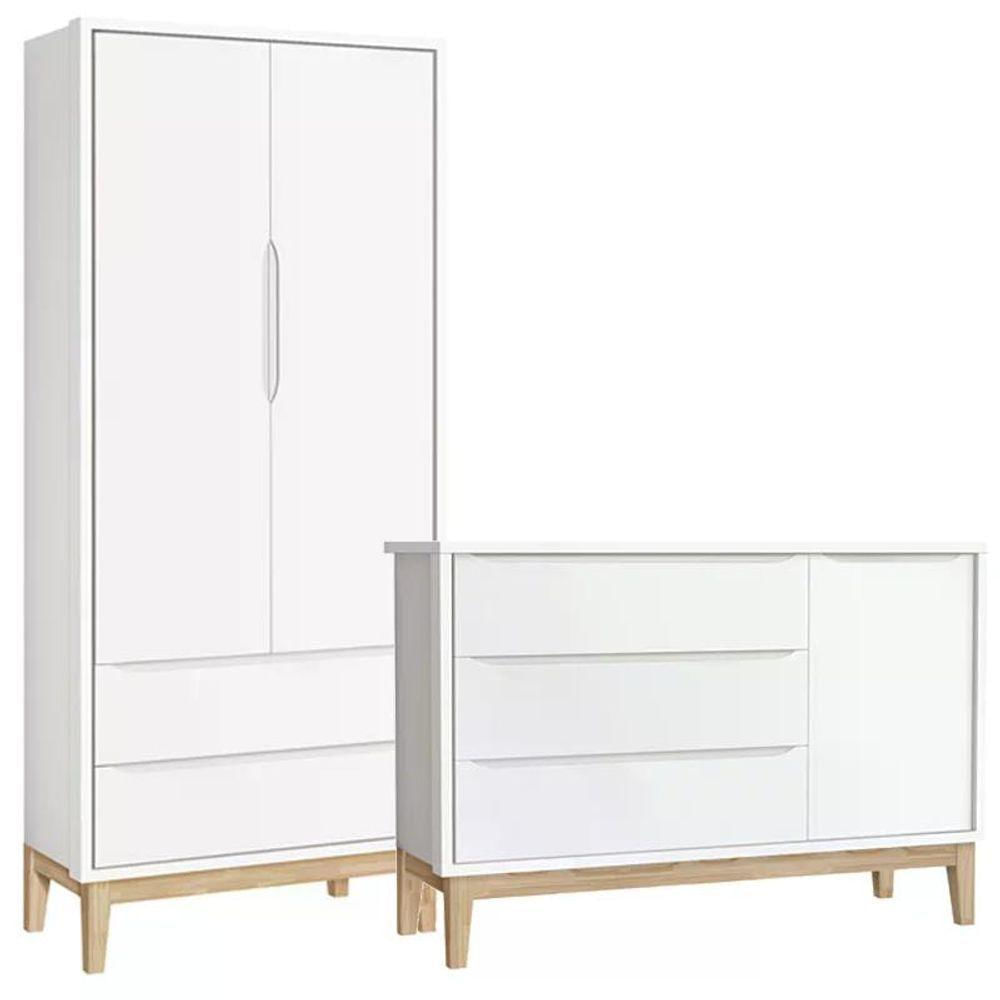 Jogo De Quarto Classic Guarda Roupa 2 Portas E Cômoda Branco Fosco Com Pés Madeira Natural Reller Móveis Branco Fosco