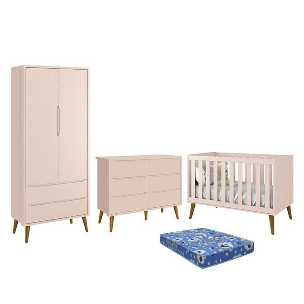 Dormitório Theo 2 Portas, Cômoda 6 Gavetas, Berço Rosa Fosco Com Pés Amadeirado E Colchão Reller Móveis Rosa Fosco