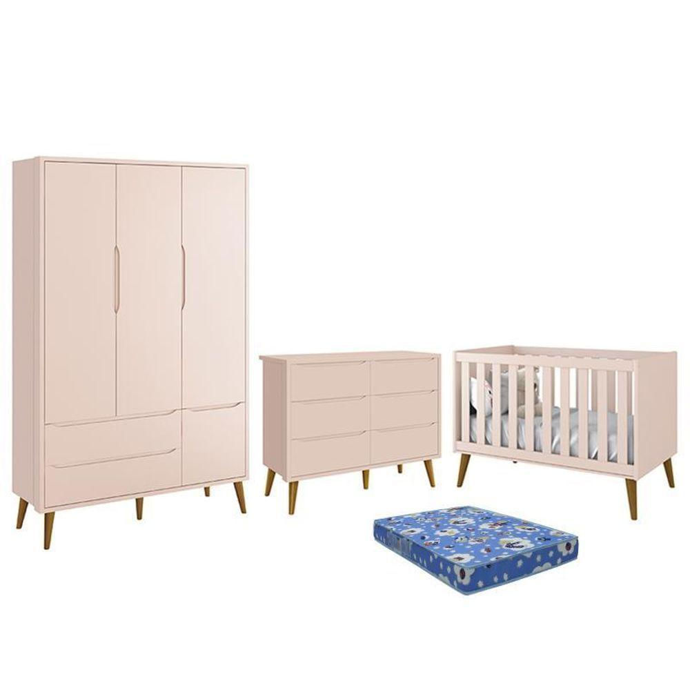 Dormitório Theo 3 Portas, Cômoda 6 Gavetas, Berço Rosa Fosco Com Pés Amadeirado E Colchão Reller Móveis Rosa Fosco