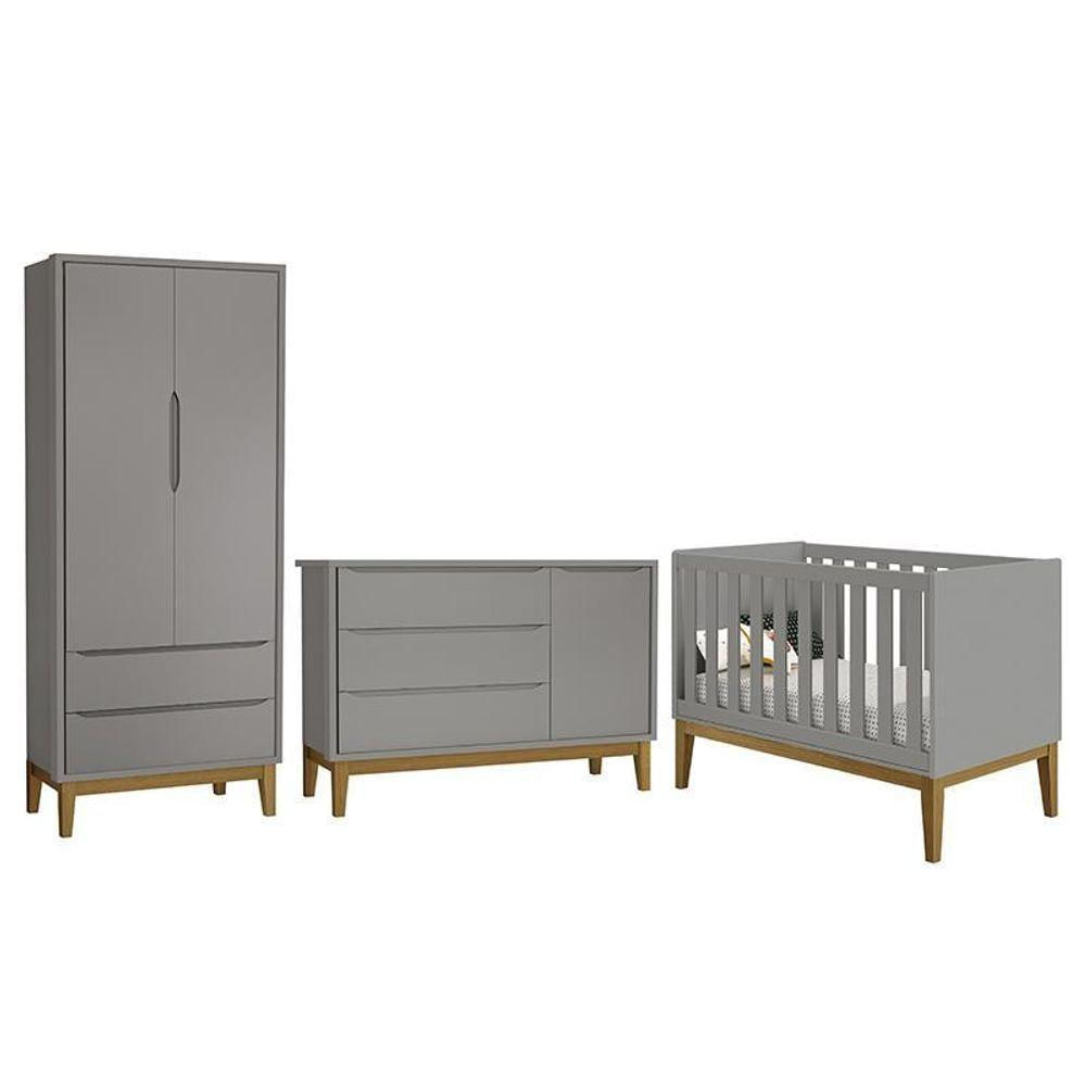 Dormitório Infantil Classic 2 Portas Cômoda 1 Porta E Berço Cinza Fosco Com Pés Amadeirado Reller Móveis Cinza Fosco