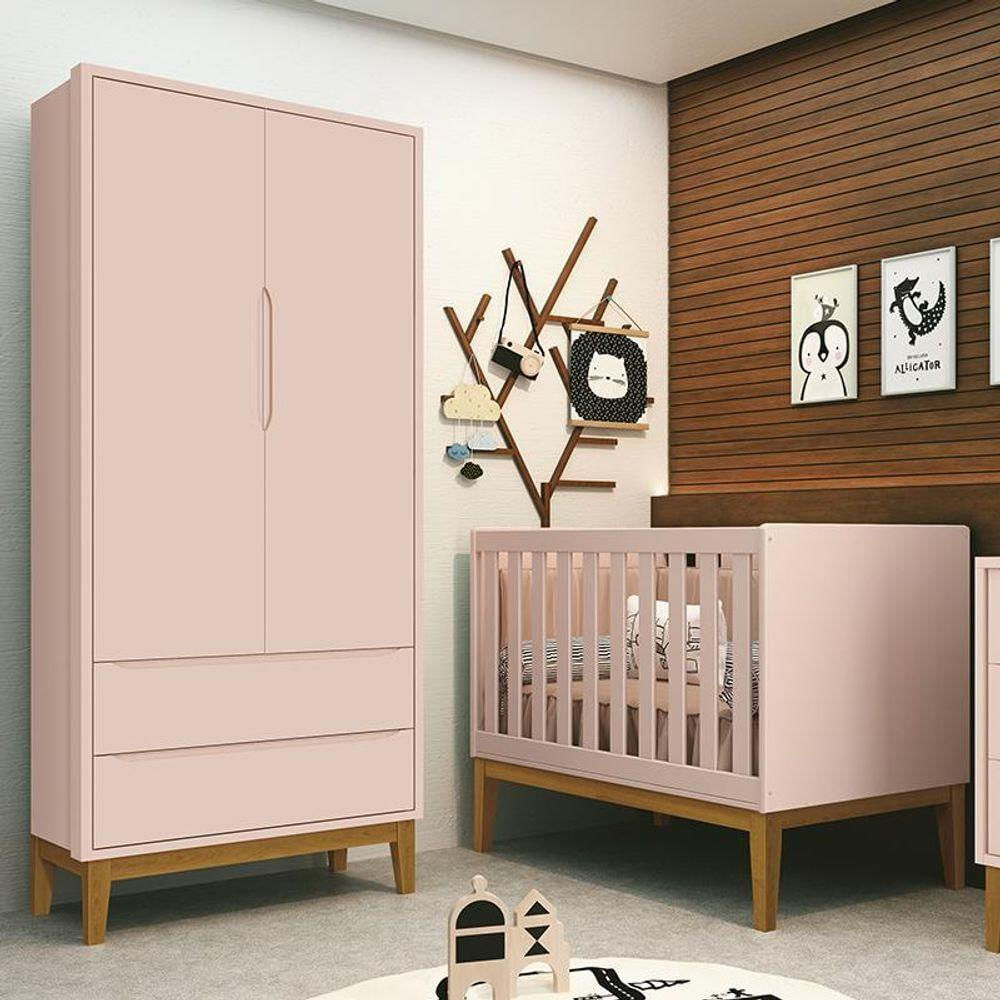 Jogo De Quarto Infantil Guarda Roupa 2 Portas E Berço Classic Rosa Fosco Com Pés Amadeirado Reller Móveis Rosa Fosco