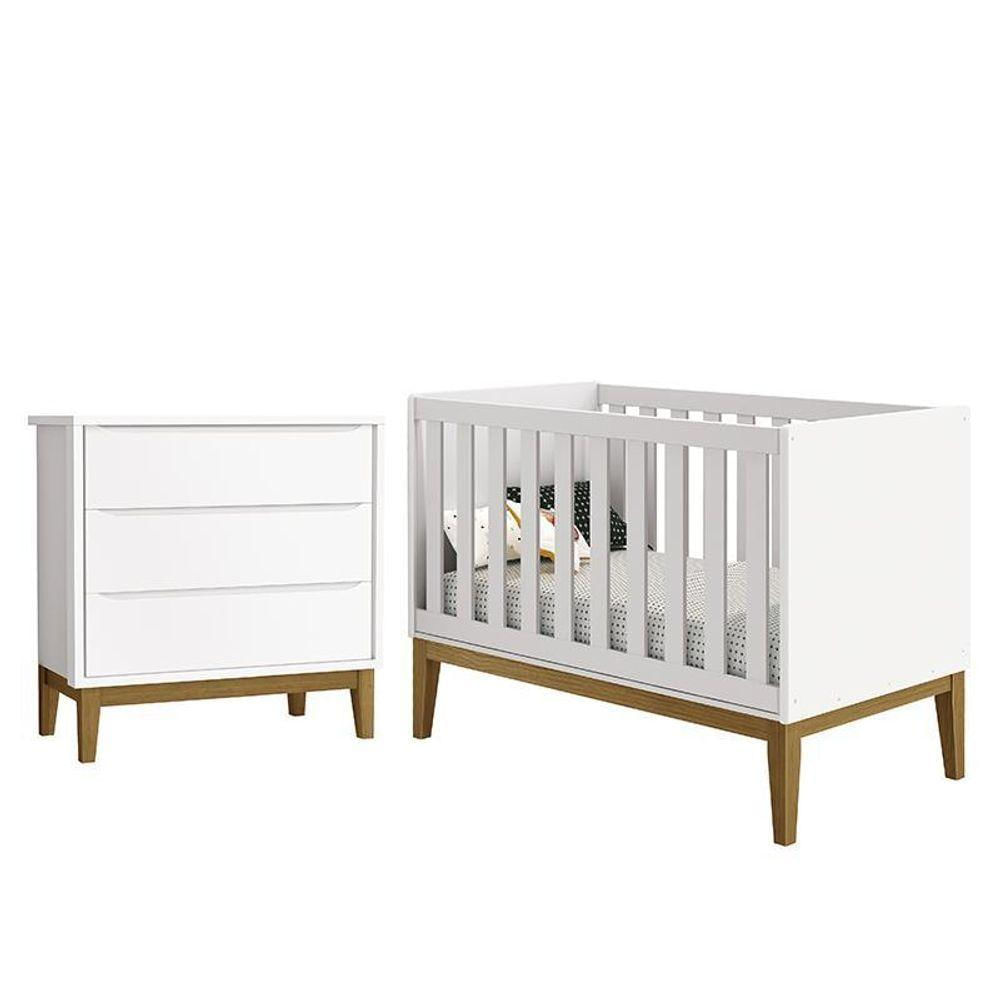 Jogo De Quarto Infantil Cômoda 3 Gavetas E Berço Classic Branco Fosco Com Pés Amadeirado Reller Móveis Branco Fosco