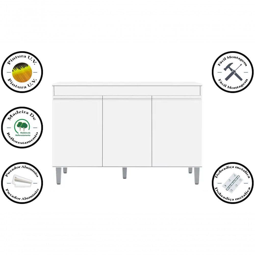 Balcão P/ Lavanderia 120cm Com Tampo 3 Portas Manu Branco - Ajl