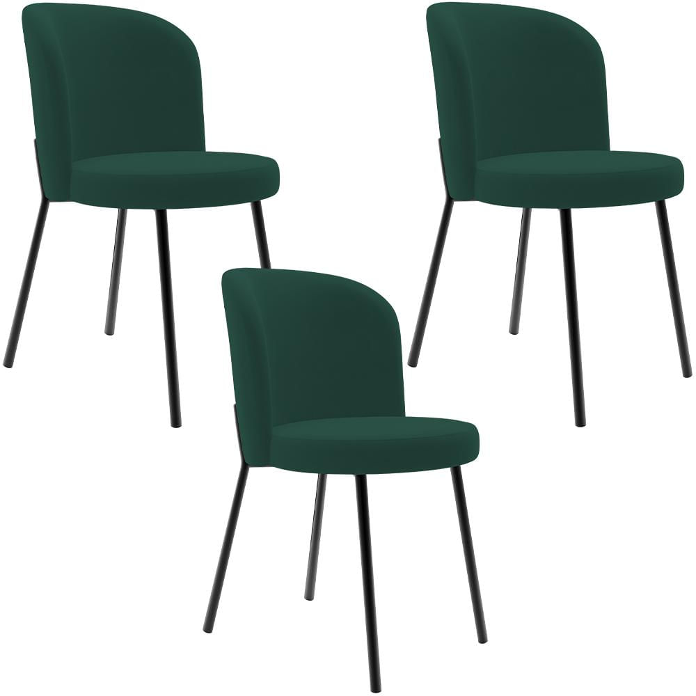 Kit 3 Cadeiras Sala de Jantar Estofada Gavi L02 Suede Verde Musgo - Lyam Decor