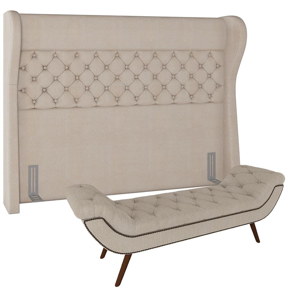 Kit Cabeceira Cama Box Casal 160 cm Madrid com Puff Recamier Santorini Linho Creme - Lyam Decor